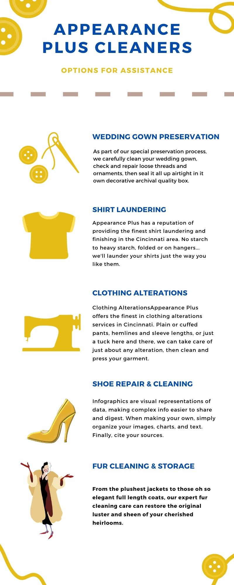 alterations, fur cleaning, wedding dress preservation, shirt laundering  
